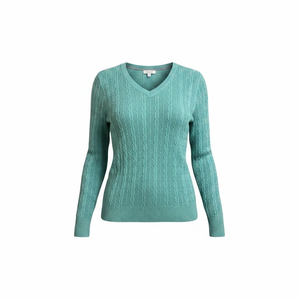Sonoma Teal Green Cable Knit V-Neck Sweater Size L Cotton Minimalist Cozy Blend